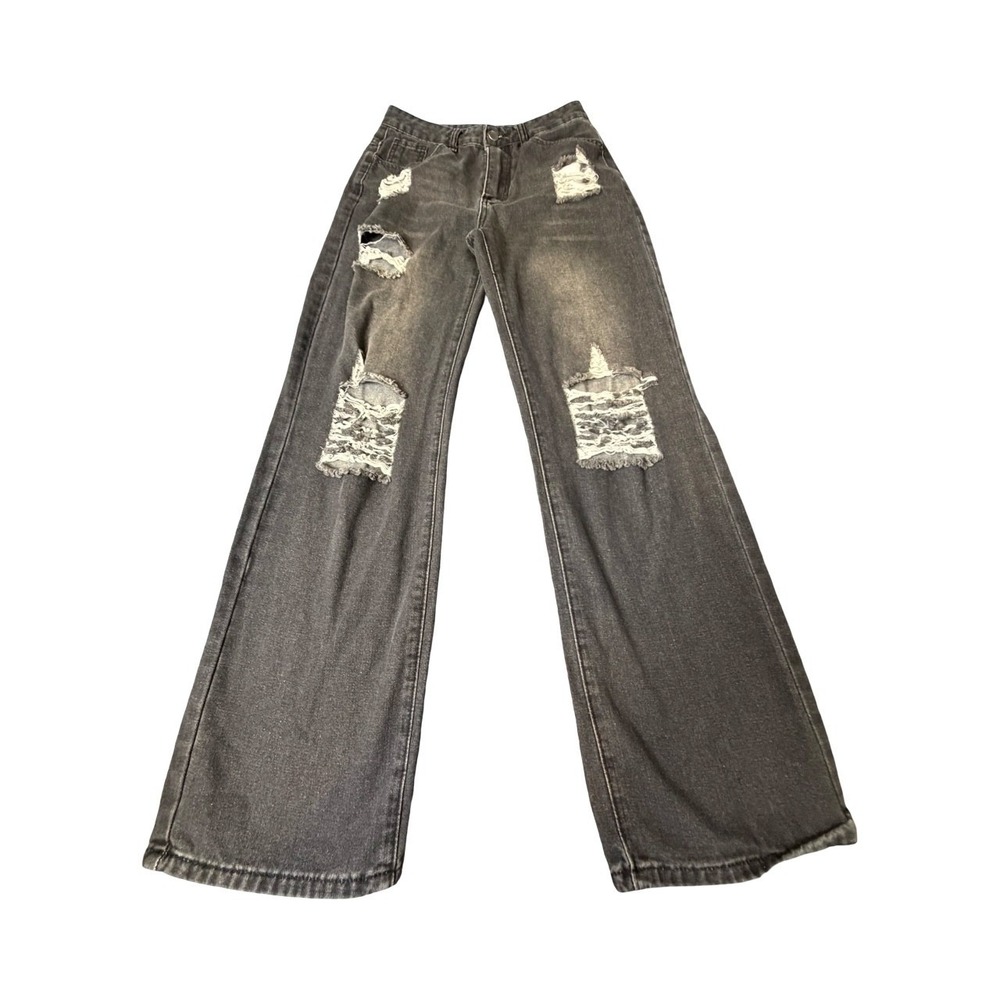 Unbranded Jeans Women S Black Distressed Wide Leg High Rise Ripped Faded Denim
